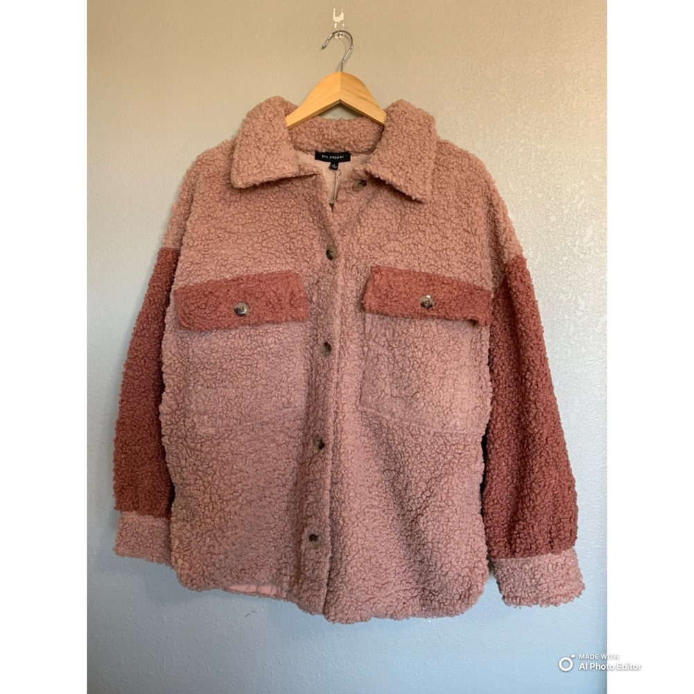 Blu Pepper Teddy Shacket in Pink Rose Mauve Colorblock Size Large NWT Cozy Fall